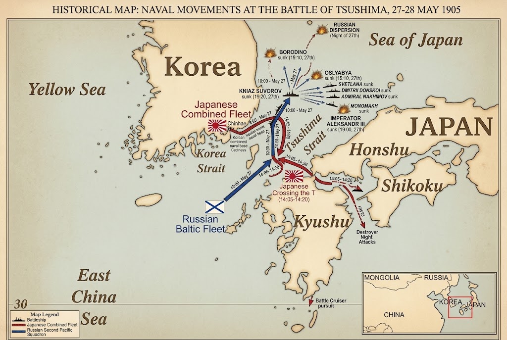 Battle of Tsushima naval movements map