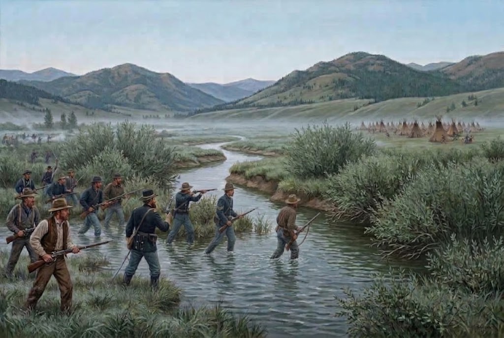 Soldiers of Colonel John Gibbon cross the river toward the Nez Perce Camp, August 9, 1877